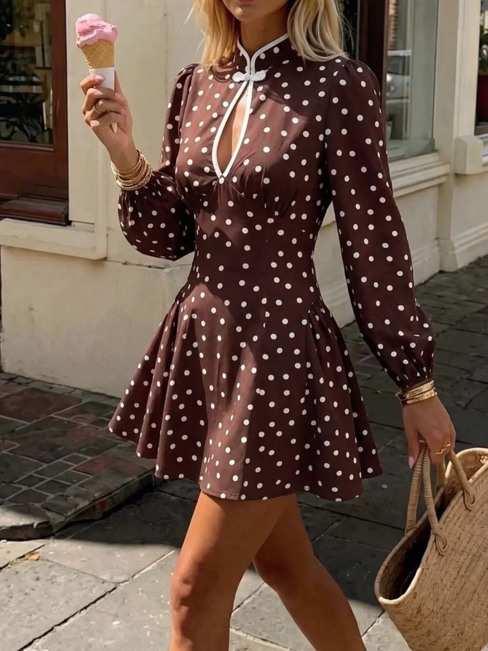 Brown Casual Women's Polka Dot Short Dress